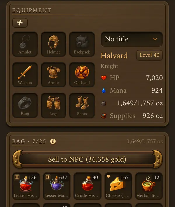 The Gear tab - a screen from the game