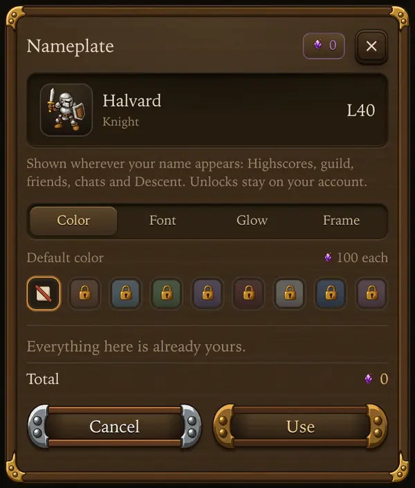 The nameplate sheet - a screen from the game