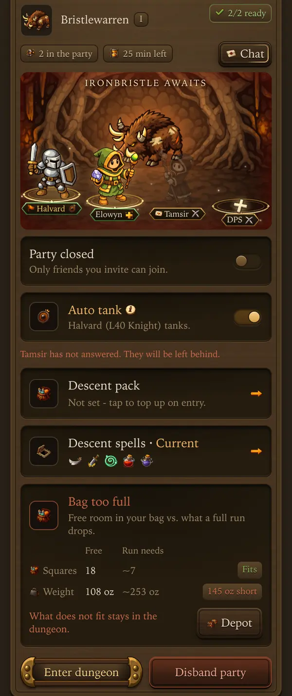 Your party lobby - a screen from the game