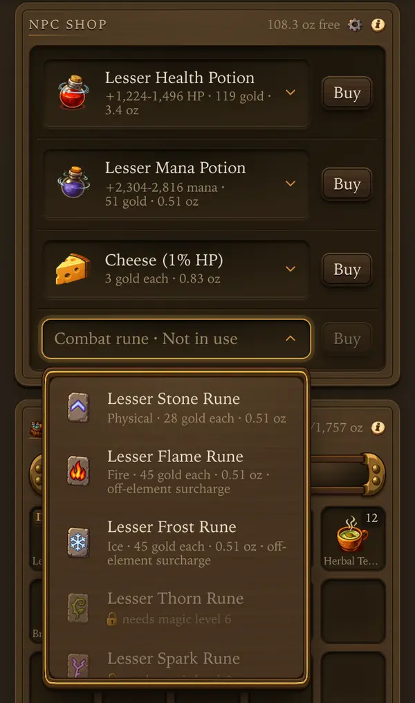 Combat runes in the Shop - a screen from the game
