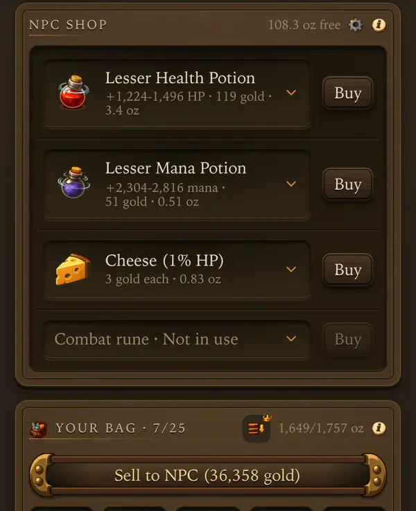 The NPC shop - a screen from the game