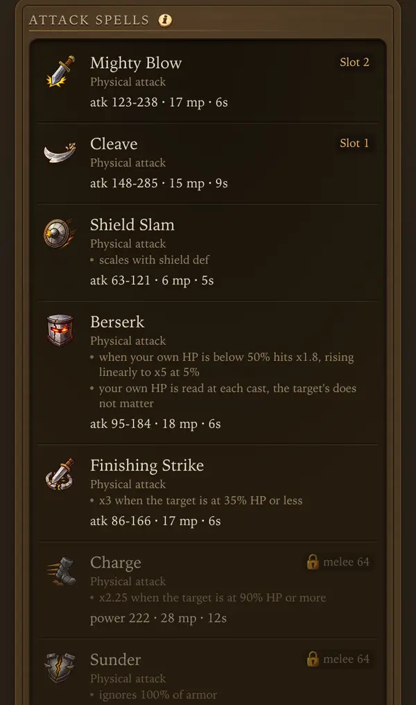 The Spells tab - a screen from the game